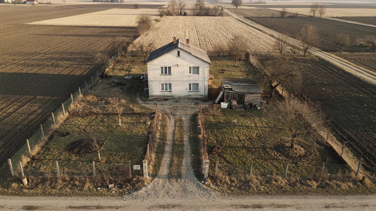 Overhead view of a country plot with a house, driveway, garden boundary and outbuilding